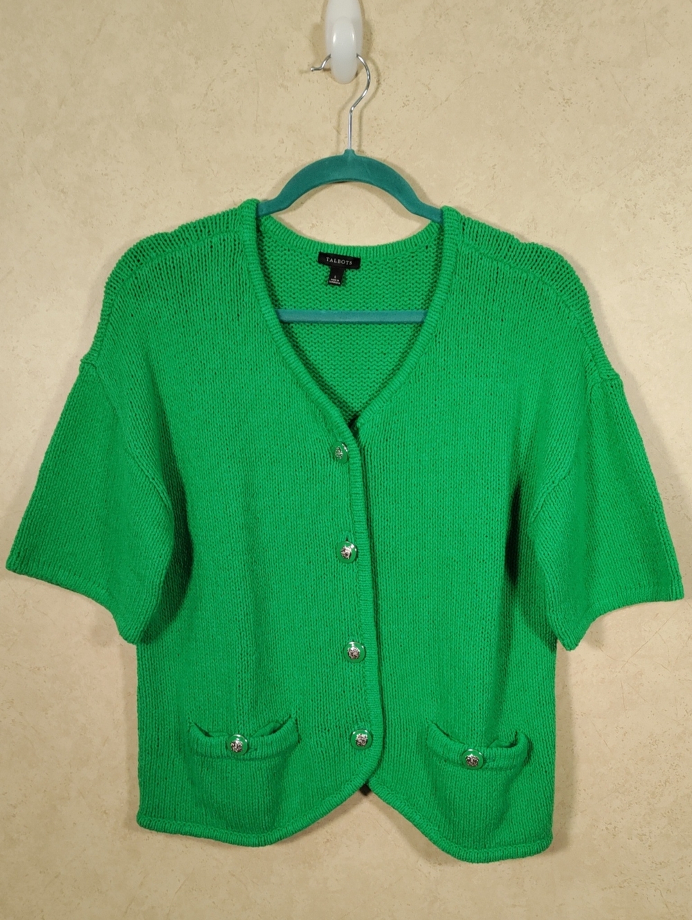 I130 Talbots Emerald Green Short-Sleeve V-Neck Button Cardigan